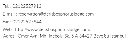 Deri Bosphorus Lodge telefon numaralar, faks, e-mail, posta adresi ve iletiim bilgileri